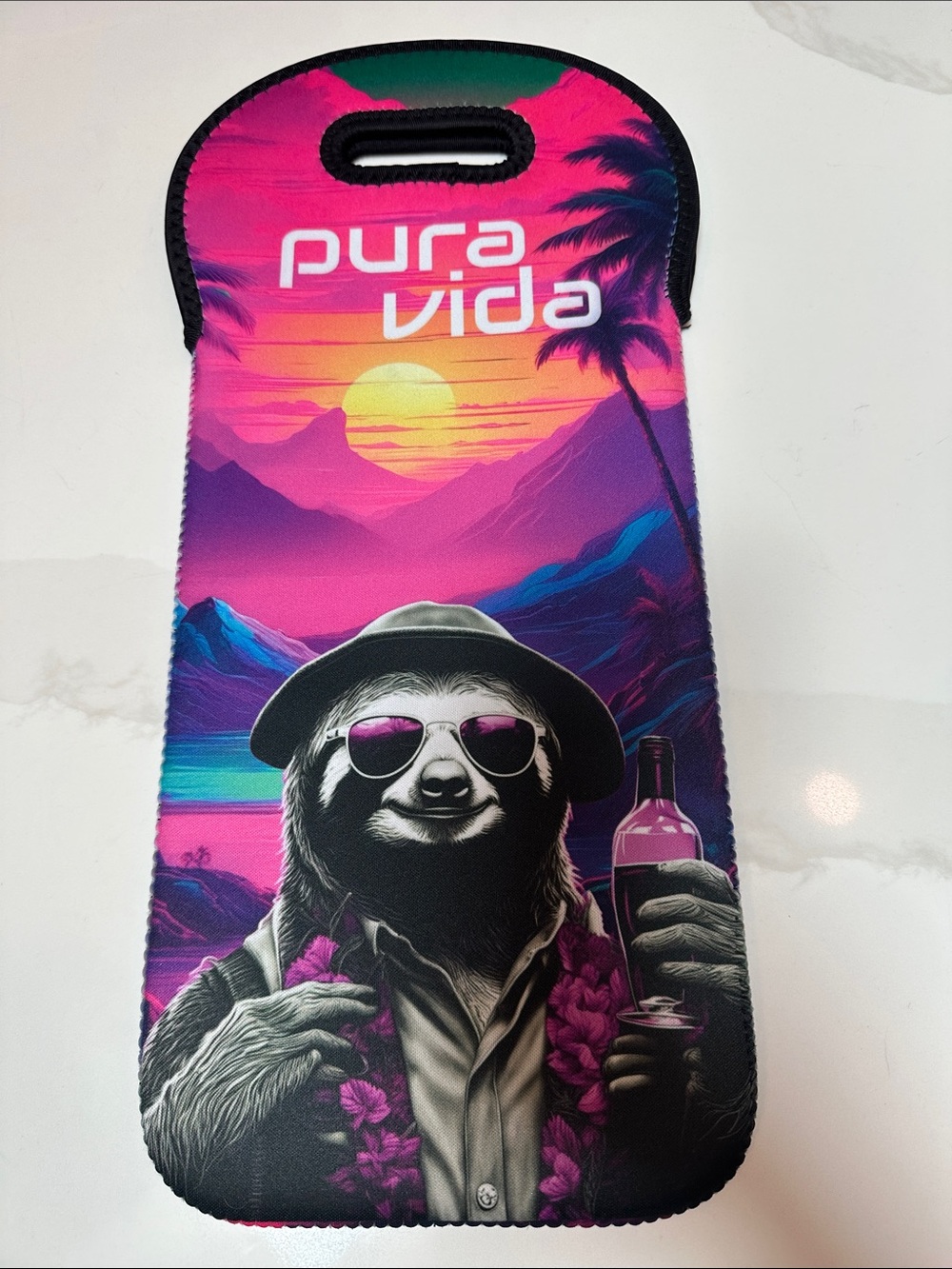 Pura Vida Neon Sloth Wine Tote - Pink Purple Teal Sunset